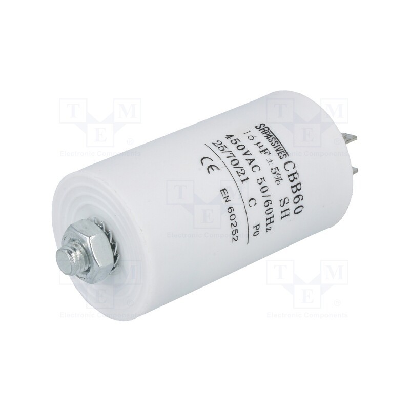 1 pcs x SR PASSIVES - CBB60E-16/450 - Capacitor: motors, run, 16uF, 450V, Ø40x70mm, -25÷70°C, ±5%, 3000h