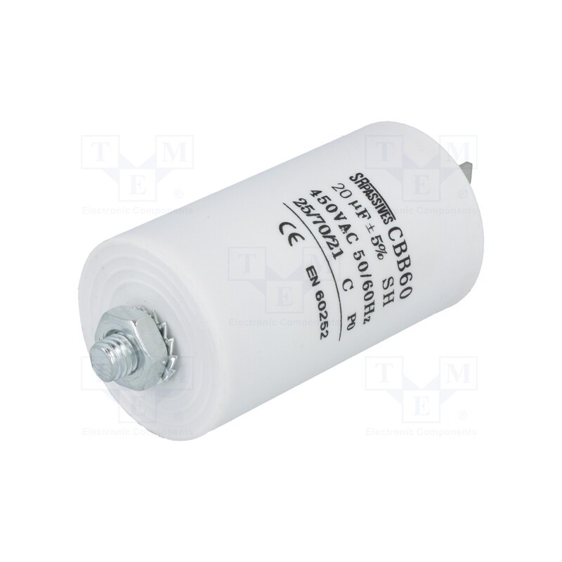 1 pcs x SR PASSIVES - CBB60E-20/450 - Capacitor: motors, run, 20uF, 450V, Ø40x70mm, -25÷70°C, ±5%, 3000h