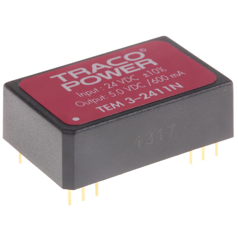 1 pcs - TRACOPOWER TEM 3N DC-DC Converter, 5V dc/ 600mA Output, 21.6 - 26.4 V dc Input, 3W, Through Hole, +85°C Max Temp