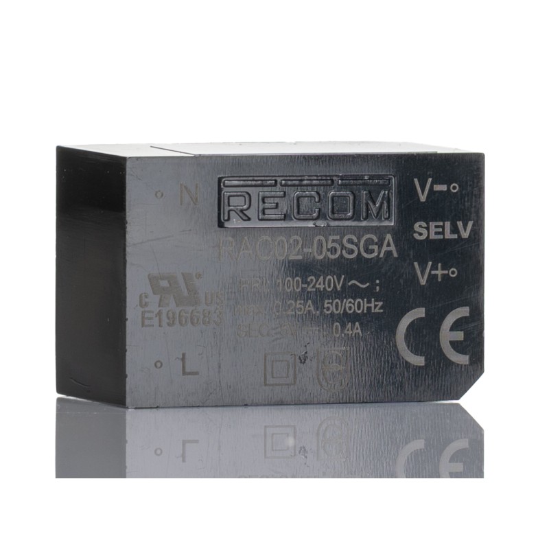 1 pcs - Recom Switching Power Supply, RAC02-05SGA, 5V dc, 400mA, 2W, 1 Output, 100 - 240V ac Input Voltage