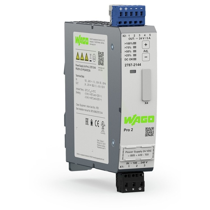 1 pcs - Wago 2787 DIN Rail Power Supply, 90 - 264 V ac, 130 - 240 V dc ac, dc Input, 24V dc dc Output, 5A Output,