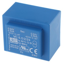1 pcs - Block 24V ac 2 Output Through Hole PCB Transformer, 5VA