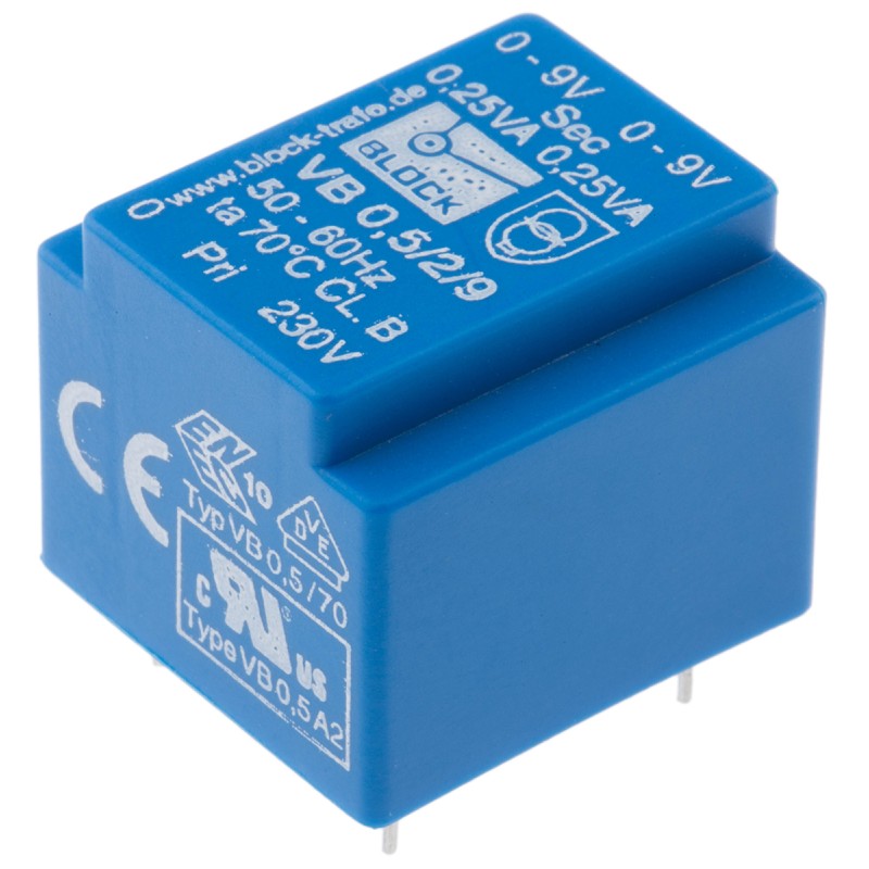 1 pcs - Block 9V ac 2 Output Through Hole PCB Transformer, 0.5VA