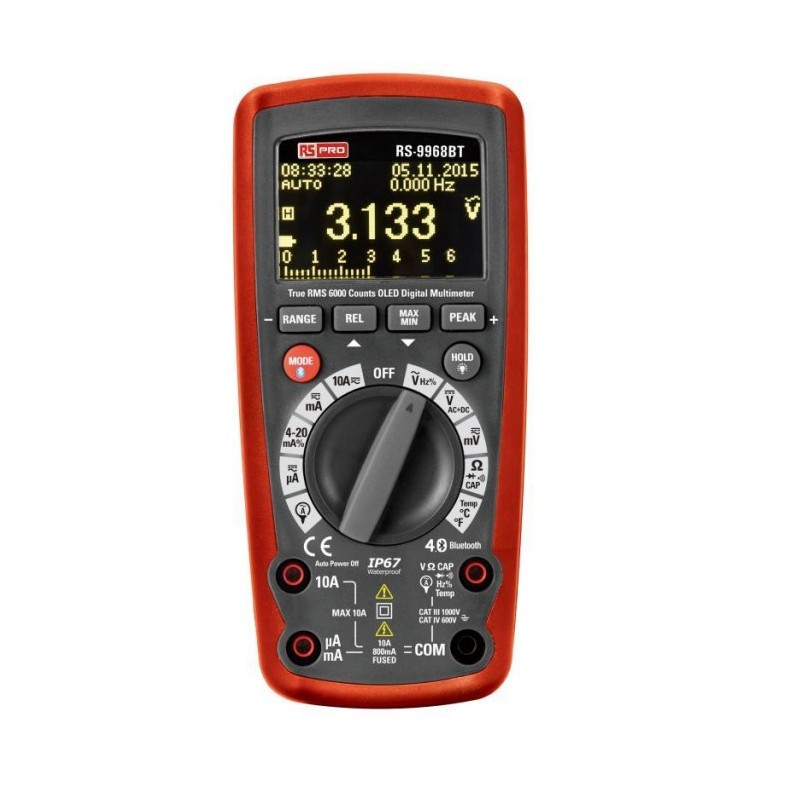 1 pcs - RS PRO RS-9968BT Handheld Digital Multimeter, True RMS, 10A ac Max, 10A dc Max, 1000V ac Max