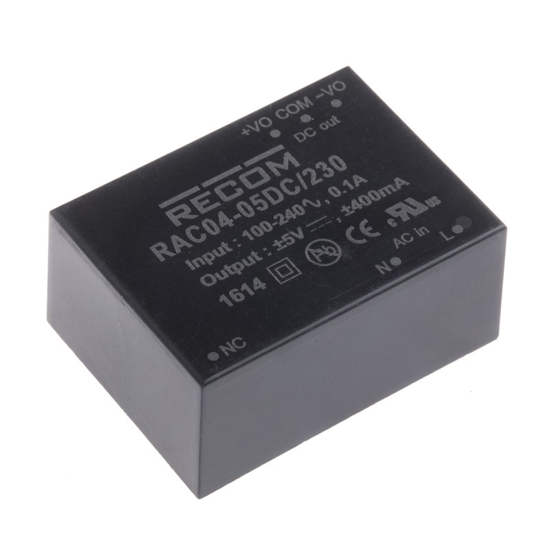 1 pcs - Recom Switching Power Supply, RAC04-05DC/230, 5V dc, 400mA, 4W, Dual Output, 80 - 264V ac Input Voltage
