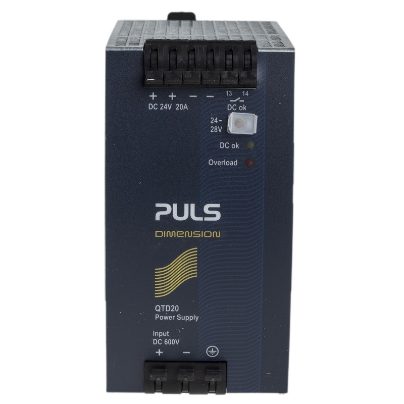 1 pcs - PULS Q DIN Rail Power Supply, 600V dc dc Input, 24V dc dc Output, 20A Output, 480W