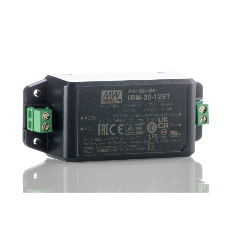 1 pcs - MEAN WELL Switching Power Supply, IRM-30-12ST, 12V dc, 2.5A, 30W, 1 Output, 85 - 264V ac Input Voltage