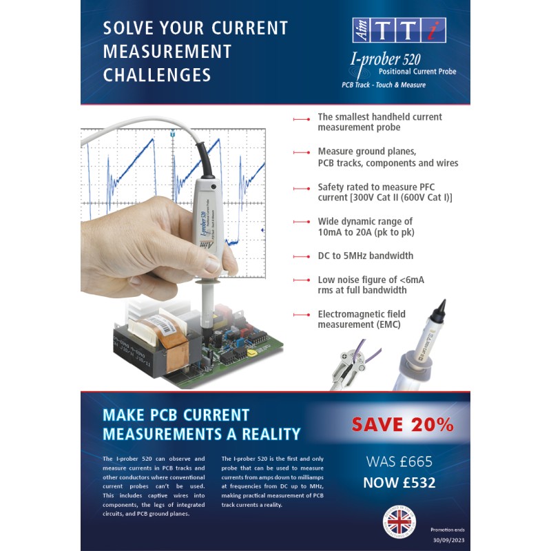 1 pcs - Aim-TTi I-prober 520 Current Probe, AC/DC Current Type, DC - 2 Hz, DC - 5 MHz, DC - 500kHz