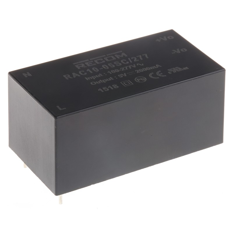 1 pcs - Recom Switching Power Supply, RAC10-05SC/277, 5V dc, 2A, 10W, 1 Output, 80 - 305V ac Input Voltage