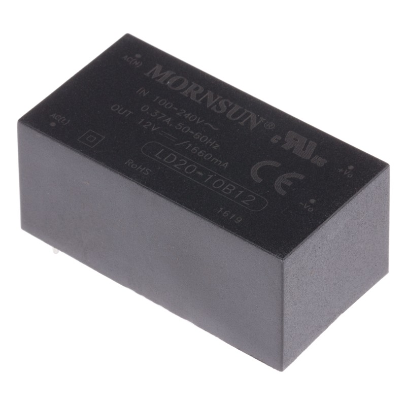 5 pcs - RS PRO Switching Power Supply, 12V dc, 1.66A, 20W, 1 Output, 120 - 370 V dc, 85 - 264 V ac Input Voltage