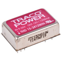 5 pcs - TRACOPOWER THD 15WIN DC-DC Converter, 12V dc/ 1.25A Output, 9 - 36 V dc Input, 15W, Through Hole, +85°C Max Temp