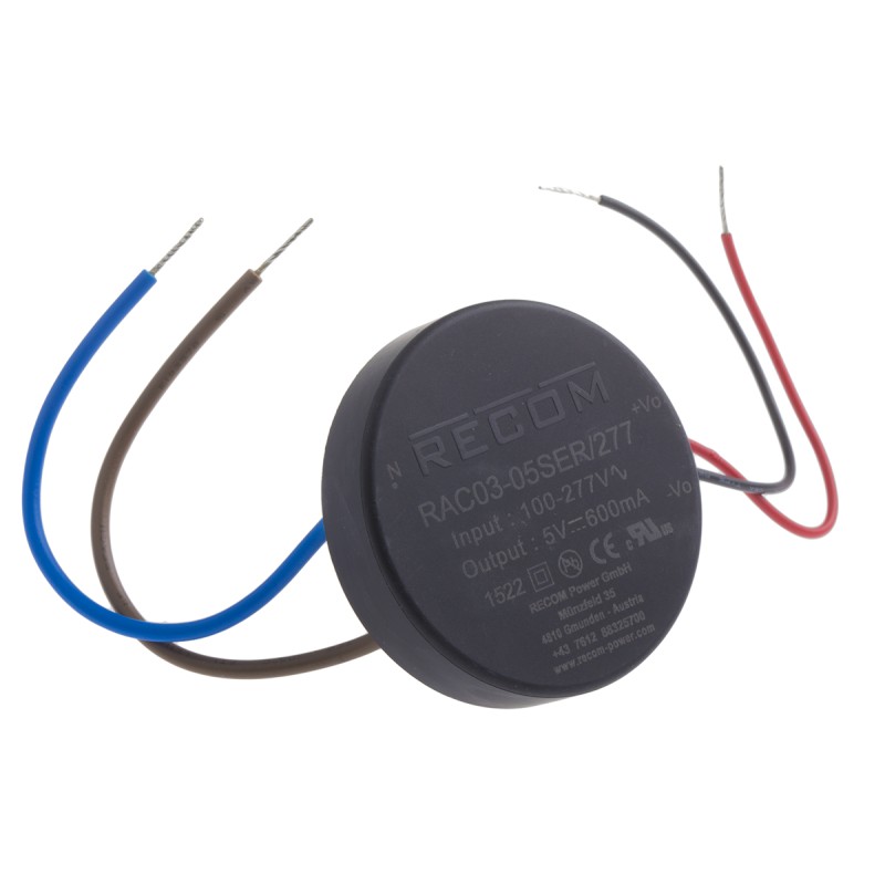 5 pcs - Recom Switching Power Supply, RAC03-05SER/277, 5V dc, 600mA, 3W, 1 Output, 120 - 430 V dc, 85 - 305 V ac