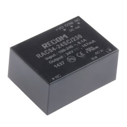 1 pcs - Recom Switching Power Supply, RAC04-24SC/230, 24V dc, 167mA, 4W, 1 Output, 80 - 264V ac Input Voltage