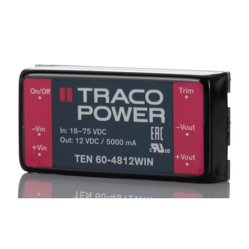 5 pcs - TRACOPOWER TEN 60WIN DC-DC Converter, 12V dc/ 5A Output, 18 - 75 V dc Input, 60W, PCB Mount, +85°C Max Temp