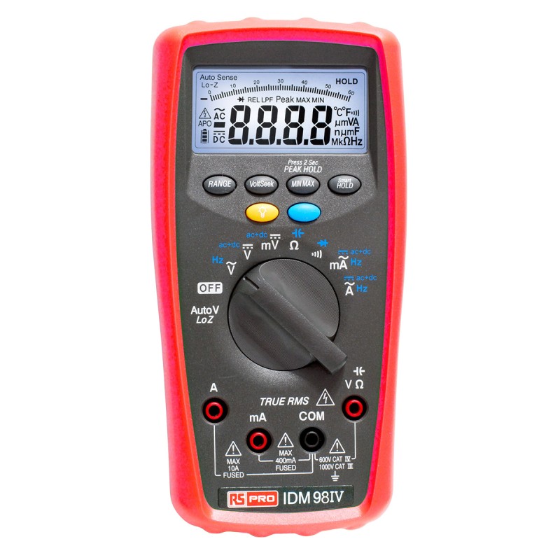 1 pcs - RS PRO IDM98IV Handheld Digital Multimeter, True RMS, 10A ac Max, 10A dc Max, 1000V ac Max - RS Calibrated
