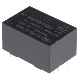 1 pcs - Recom Switching Power Supply, RAC02-12SC, 12V dc, 167mA, 2W, 1 Output, 90 - 277V ac Input Voltage