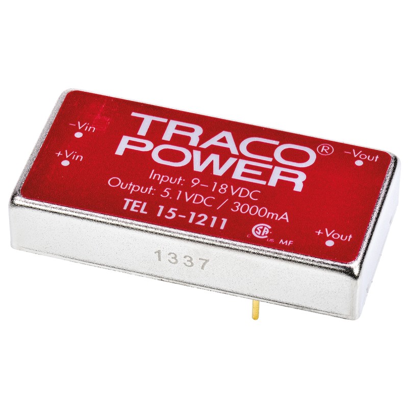 5 pcs - TRACOPOWER TEL 15 DC-DC Converter, 5V dc/ 3A Output, 9 - 18 V dc Input, 15W, Through Hole, +71°C Max Temp -40°C