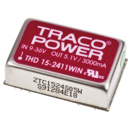 5 pcs - TRACOPOWER THD 15WIN DC-DC Converter, 5V dc/ 3A Output, 9 - 36 V dc Input, 15W, Through Hole, +85°C Max Temp