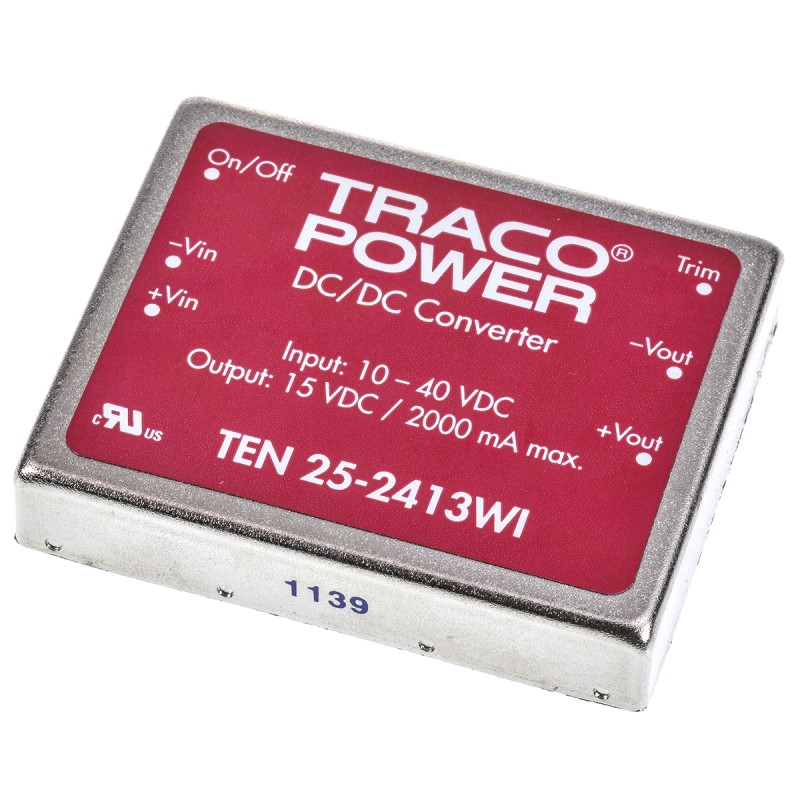 5 pcs - TRACOPOWER TEN 25WI DC-DC Converter, 15V dc/ 2A Output, 10 - 40 V dc Input, 25W, Through Hole, +85°C Max Temp