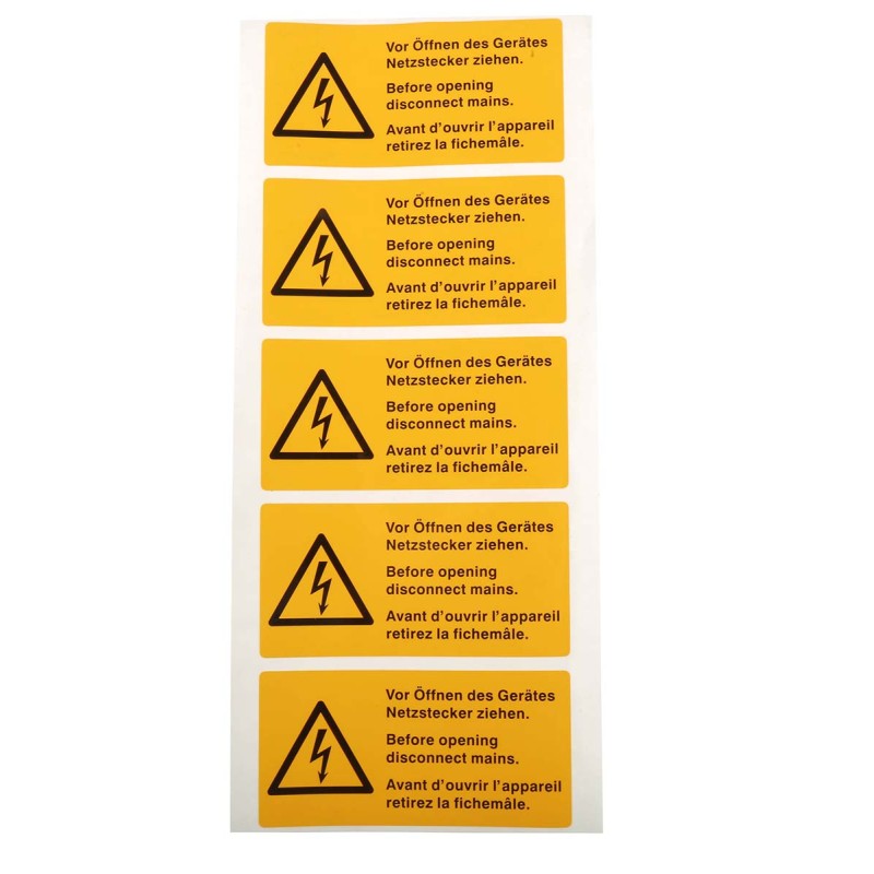 5 pcs - Idento Yellow PVC Safety Labels, Vor Öffnen des Gerätes Netzstecker ziehen. Before opening disconnect mains. Avant