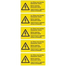 5 pcs - Idento Yellow PVC Safety Labels, Vor Öffnen des Gerätes Netzstecker ziehen. Before opening disconnect mains. Avant