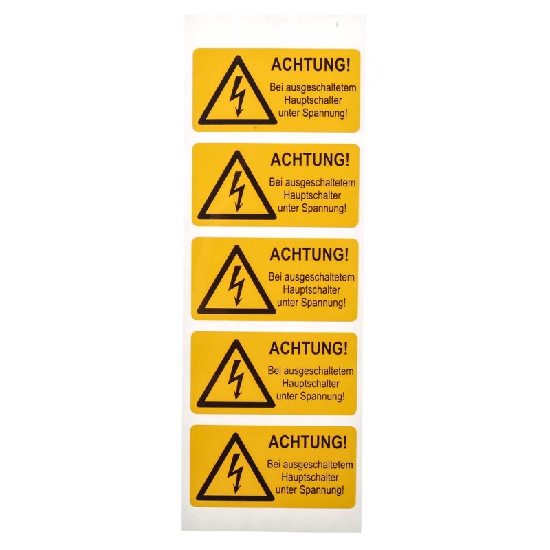 5 pcs - Idento Yellow PVC Safety Labels, ACHTUNG! Bei ausgeschaltetem Hauptschalter unter Spannung-Text
