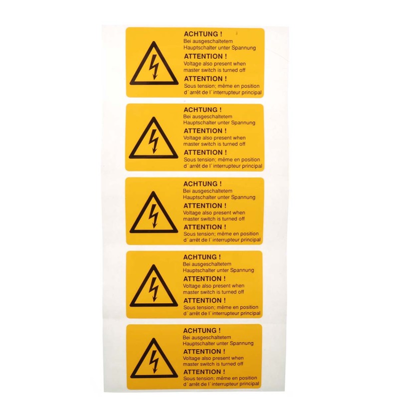 5 pcs - Idento Yellow PVC Safety Labels, ACHTUNG! Bei ausgeschaltetem Hauptschalter unter Spannung, ATTENTION! Voltage also