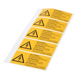 5 pcs - Idento Yellow PVC Safety Labels, ACHTUNG! Bei ausgeschaltetem Hauptschalter unter Spannung, ATTENTION! Voltage also