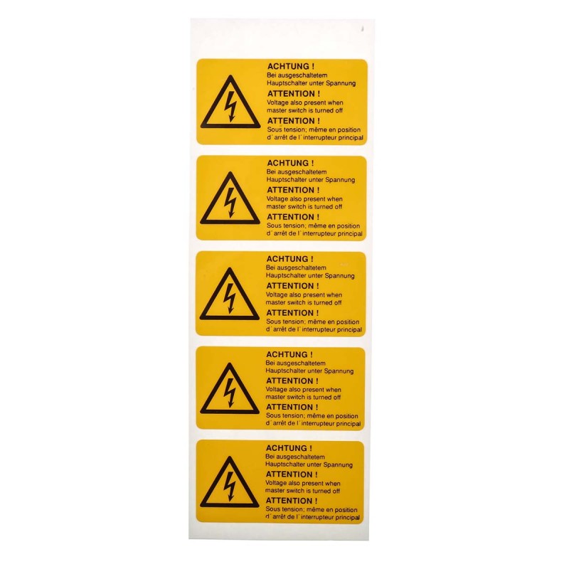 5 pcs - Idento Yellow PVC Safety Labels, ACHTUNG! Bei ausgeschaltetem Hauptschalter unter Spannung, ATTENTION! Voltage also