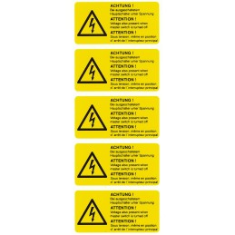 5 pcs - Idento Yellow PVC Safety Labels, ACHTUNG! Bei ausgeschaltetem Hauptschalter unter Spannung, ATTENTION! Voltage also