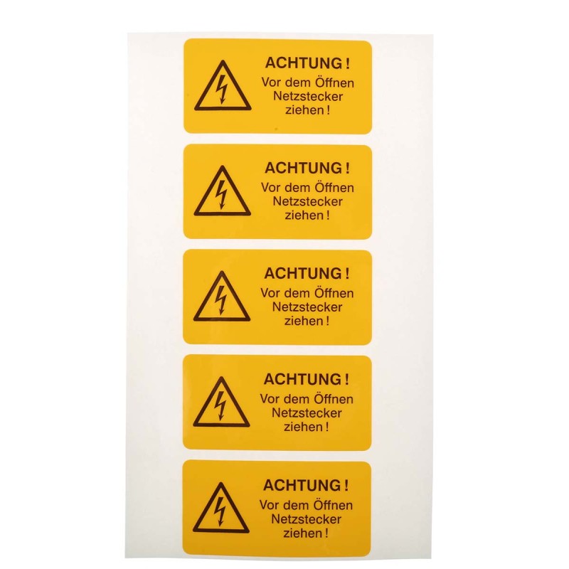 5 pcs - Idento Yellow PVC Safety Labels, ACHTUNG! Vor dem Öffnen Netzstecker ziehen!-Text