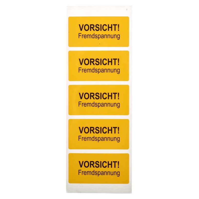 5 pcs - Idento Yellow PVC Safety Labels, VORSICHT! Fremdspannung-Text