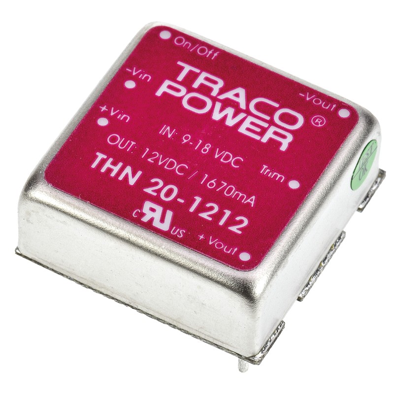 5 pcs - TRACOPOWER THN 20 DC-DC Converter, 12V dc/ 1.67A Output, 9 - 18 V dc Input, 20W, Through Hole, +85°C Max Temp