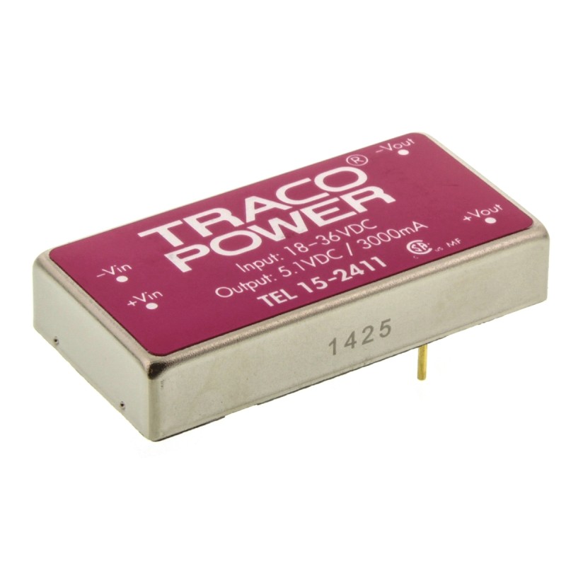 5 pcs - TRACOPOWER TEL 15 DC-DC Converter, 5V dc/ 3A Output, 18 - 36 V dc Input, 15W, Through Hole, +71°C Max Temp -40°C