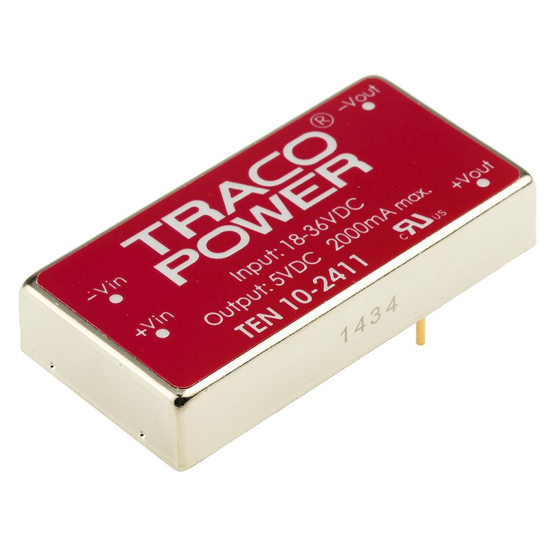5 pcs - TRACOPOWER TEN 10 DC-DC Converter, 5V dc/ 2A Output, 18 - 36 V dc Input, 10W, Through Hole, +85°C Max Temp -40°C