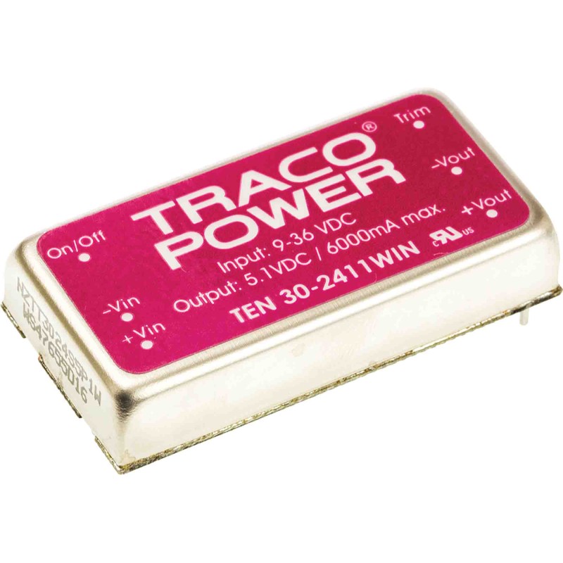 1 Tube of 10 - TRACOPOWER TEN 30WIN DC-DC Converter, 5V dc/ 6A Output, 9 - 36 V dc Input, 30W, Through Hole