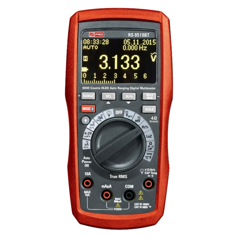 1 pcs - RS PRO RS-9519BT Handheld Digital Multimeter, 10A ac Max, 10A dc Max, 1000V ac Max - RS Calibrated