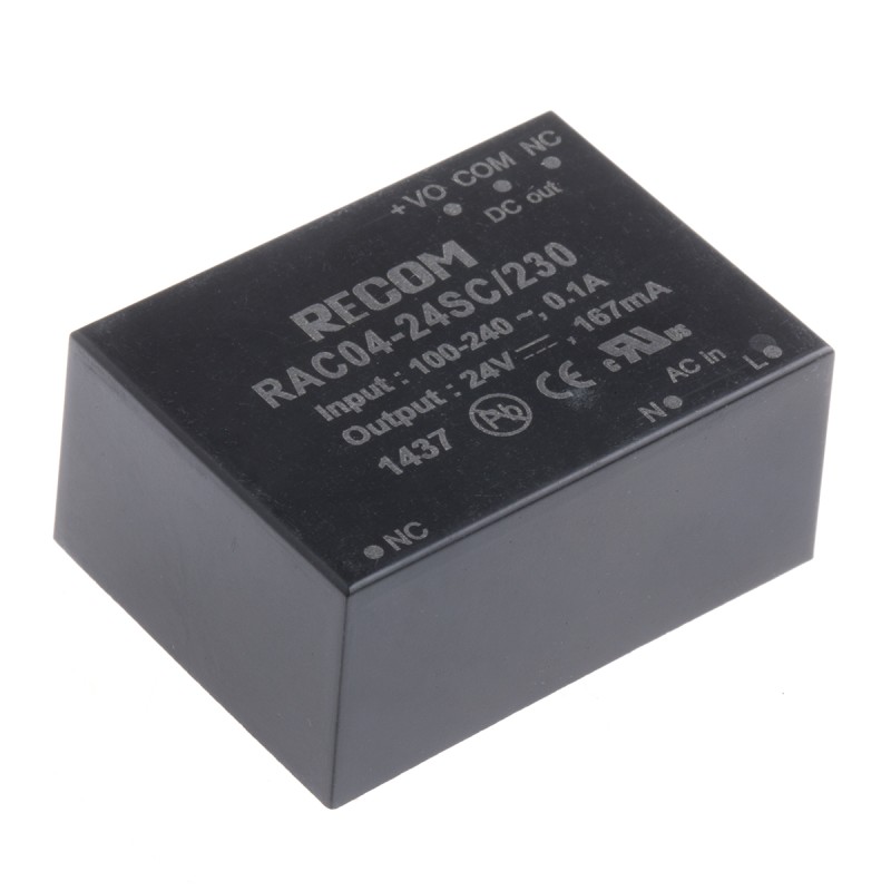 1 Tube of 12 - Recom Switching Power Supply, RAC04-24SC/230, 24V dc, 167mA, 4W, 1 Output, 80 - 264V ac Input Voltage