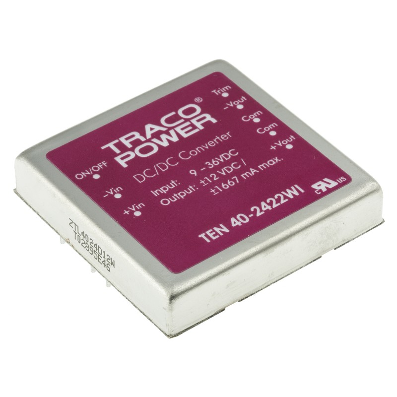 1 Tube of 5 - TRACOPOWER TEN 40WI DC-DC Converter, ±12V dc/ ±1.65A Output, 9 - 36 V dc Input, 40W, Through Hole, +85°C Max