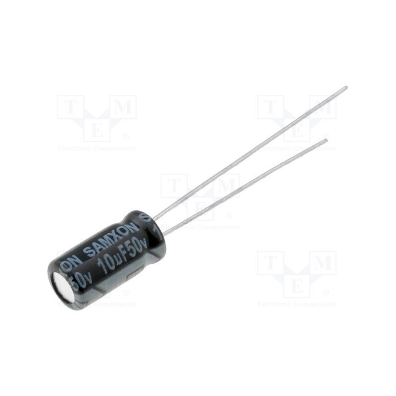 10 pcs x SAMXON - KM 10U/50V - Capacitor: electrolytic, THT, 10uF, 50VDC, Ø5x11mm, Pitch: 2mm, ±20%