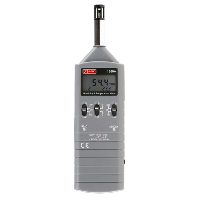 1 pcs - RS PRO RS1360A Handheld Hygrometer, ±3 %RH Accuracy, +140 °F, +60 °C Max, 95%RH Max, RS Calibration