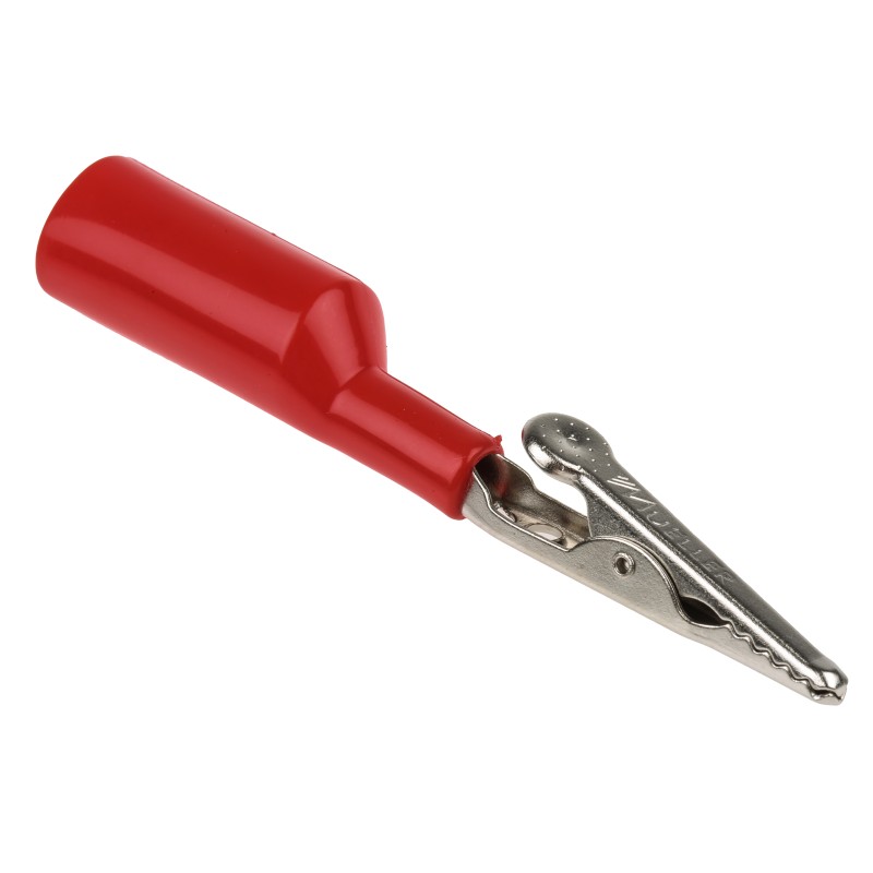 10 pcs - Mueller Electric Crocodile Clip 4 mm Connection, Nickel-Plated Steel Contact, 10A, Red