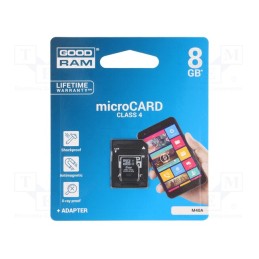 1 pcs x GOODRAM - M40A-0080R11 - Memory card, microSDHC, R: 15MB/s, W: 4MB/s, Class 4, 8GB, adapter