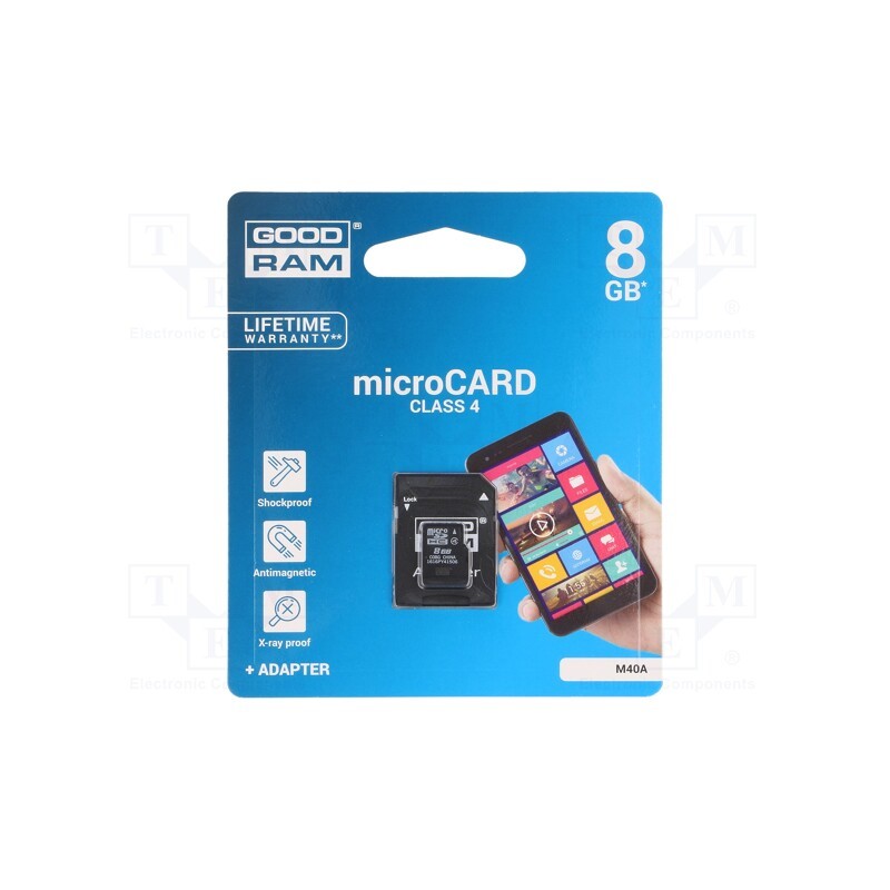 1 pcs x GOODRAM - M40A-0080R11 - Memory card, microSDHC, R: 15MB/s, W: 4MB/s, Class 4, 8GB, adapter