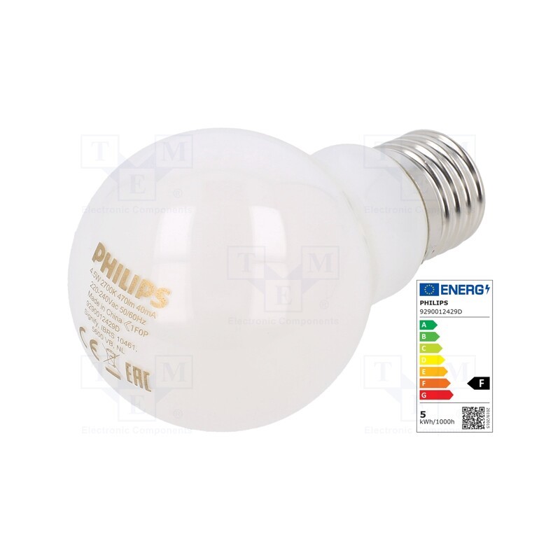 1 pcs x PHILIPS - 8718696419656 - LED lamp, warm white, E27, 230VAC, 470lm, P: 4.5W, 2700K, CRImin: 80