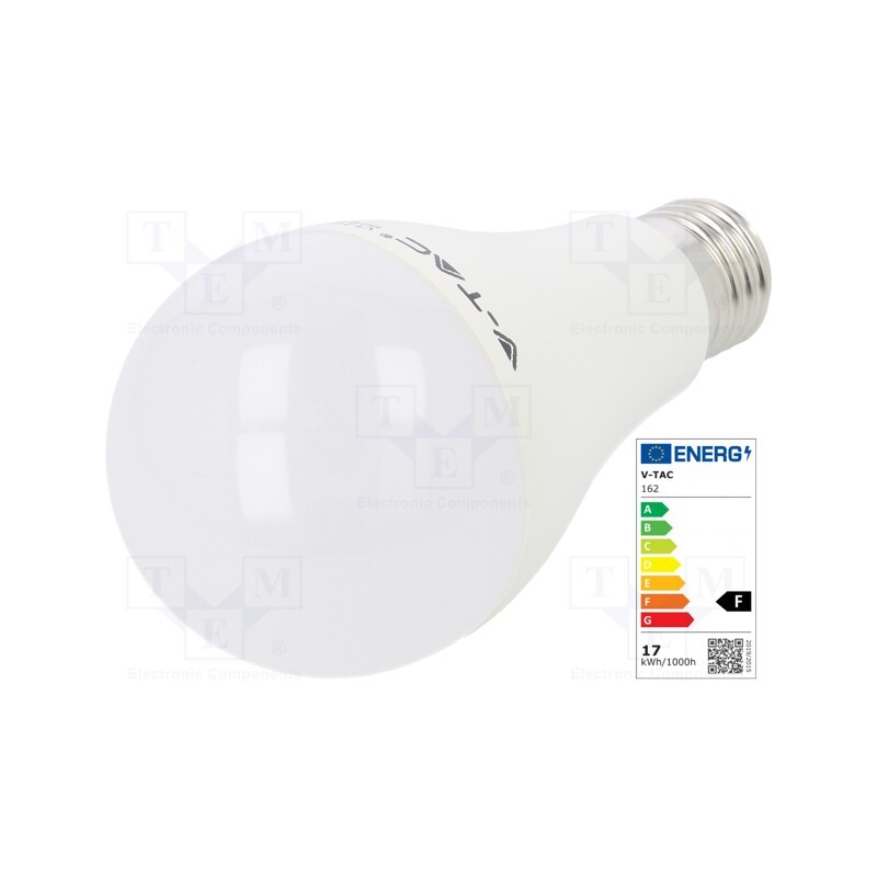 1 pcs x V-TAC - SKU 162 - LED lamp, warm white, E27, 220/240VAC, 1521lm, P: 17W, 200°, 3000K