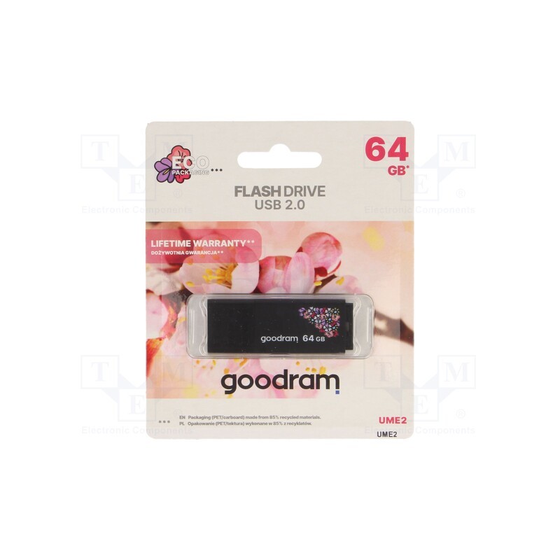1 pcs x GOODRAM - UME2-0640K0R11-SP - Pendrive, USB 2.0, 64GB, R: 20MB/s, W: 5MB/s, USB A, SPRING, black