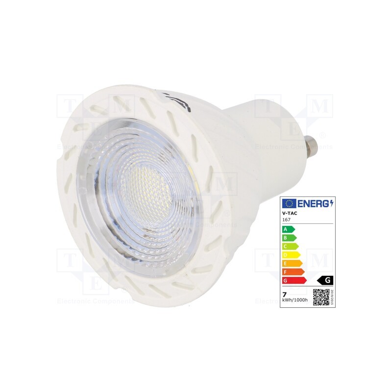 1 pcs x V-TAC - SKU 167 - LED lamp, cool white, GU10, 220/240VAC, 480lm, P: 7W, 38°, 6400K
