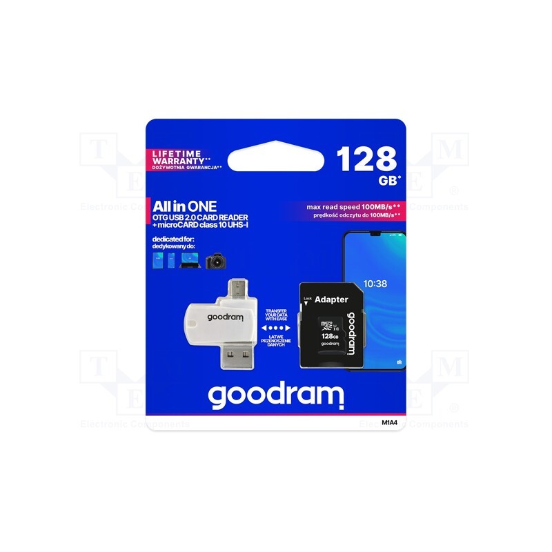 1 pcs x GOODRAM - M1A4-1280R12 - Memory card, microSDXC, R: 100MB/s, W: 10MB/s, Class 10 UHS U1