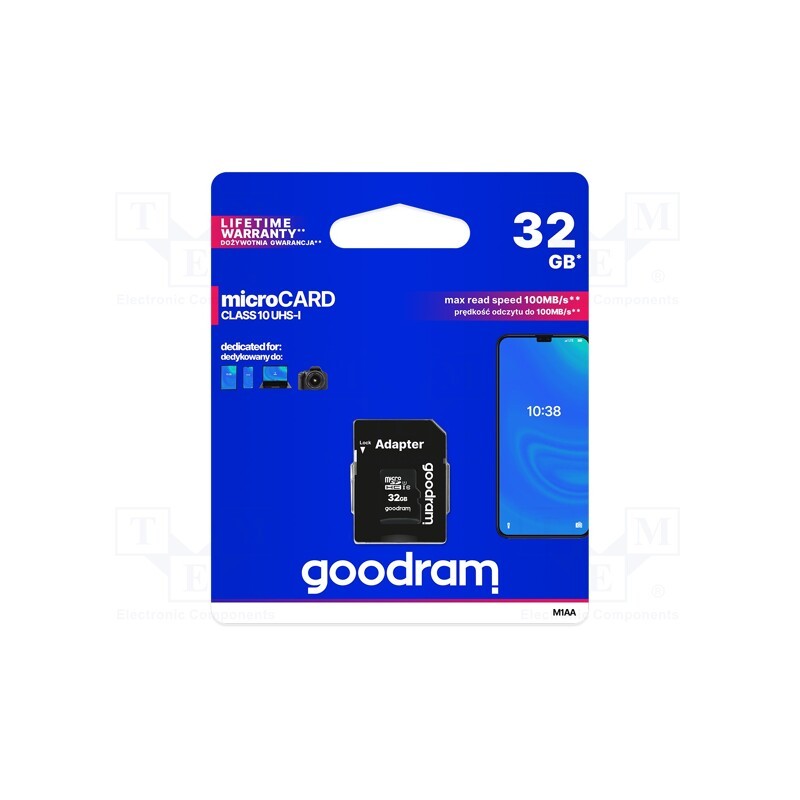 1 pcs x GOODRAM - M1AA-0320R12 - Memory card, microSDHC, R: 100MB/s, W: 10MB/s, Class 10 UHS U1